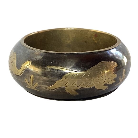 Lucky Elephant and Tiger Brass Chunky Wide Engraved Japanned Bangle Bracelet - Picture 4 of 6